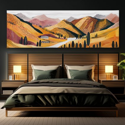 Kopce a lesy ve zlatavé symfonii Obraz na plátně černá zeď, postel, hranaté lampy