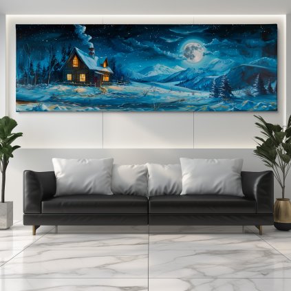 Zimní měsíční pohádka Obraz na plátně černý gauč, bílá zeď se světelným rámem