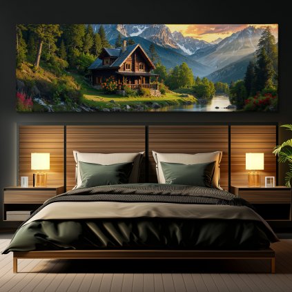 V roubenné chatce u horské říčky, hory, krajina Obraz na plátně černá zeď, postel, hranaté lampy
