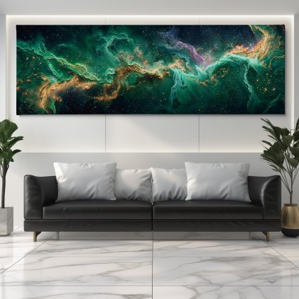 Galaxie Golden Rush 2K Obraz na plátně černý gauč, bílá zeď se světelným rámem