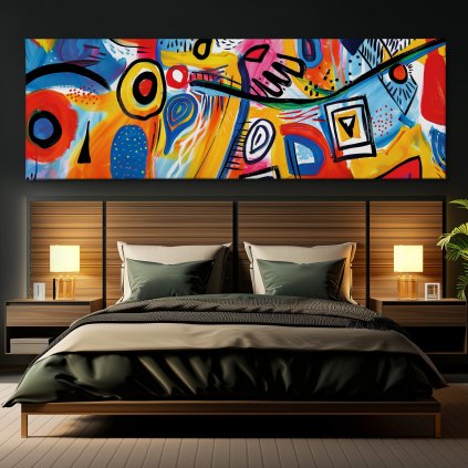 Kontrastní elementy Obraz na plátně černá zeď, postel, hranaté lampy
