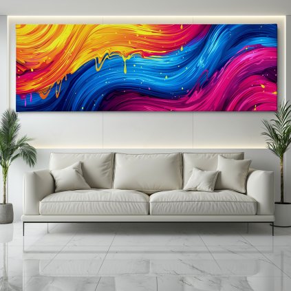 Na pestrých vlnách Obraz na plátně bílý gauč, bílá zeď se světelným rámem