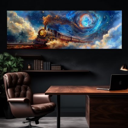 Bitcoin, vesmírný parní vlak Obraz na plátně kancelář, tmavá zeď