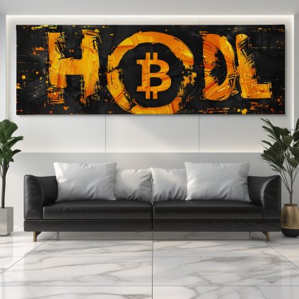 Bitcoin, HODL Obraz na plátně černý gauč, bílá zeď se světelným rámem