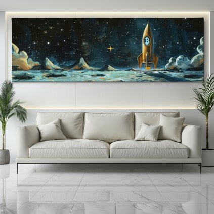 Bitcoin rocket on the Moon Obraz na plátně bílý gauč, bílá zeď se světelným rámem