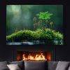 Houbičky na mechové planině černá zeď s krbem