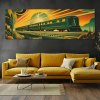 04 obraz na platne vlak art deco lokomotiva abstrakce slunce zelena zluta