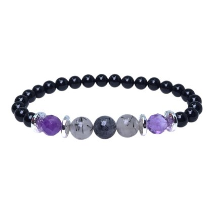 Turmalín a ametyst náramok – čierne korálky s fialovým ametystom
