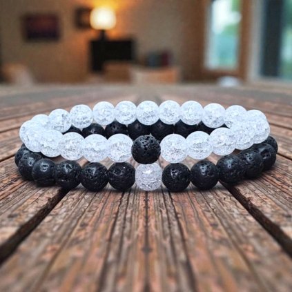 Náramky pre páry z praskaného kryštálu a lávového kameňa – set 2 kusov