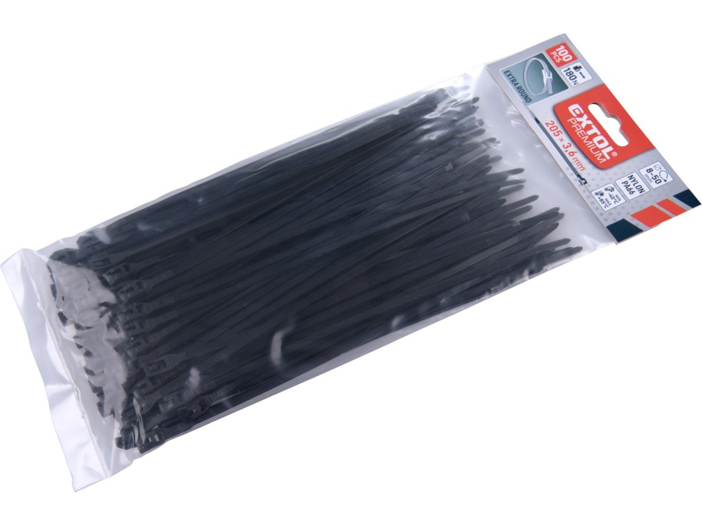 pásky stahovací na kabely EXTRA, černé, 200x3,6mm, 100ks, nylon PA66