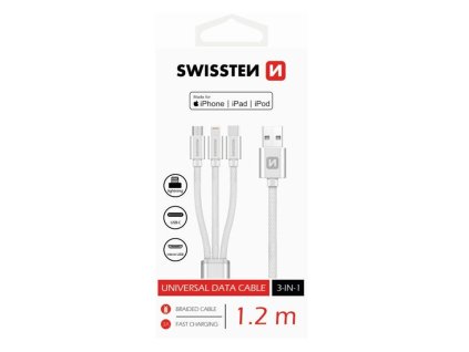 SWISSTEN kabel USB 3v1 microUSB USB-C Lightning MFI 1,2m stříbrná