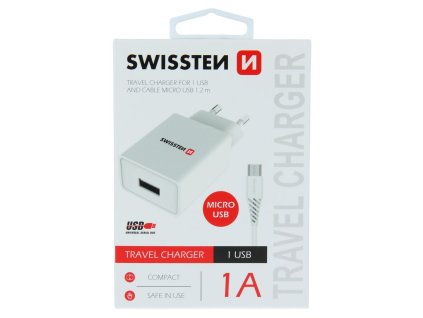 SWISSTEN adaptér 230V/1A 1xUSB + microUSB kabel 1,2m BÍLÁ