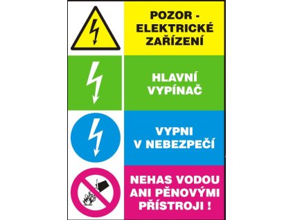 Pozor elektrické zařízení-Hlavní vypínač-Vypni v nebezpečí-Nehas vodou ani...-samolepka A5