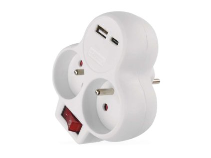 Rozbočovací zásuvka 2×, vyp., 1×USB-A+1×USB-C, bílá