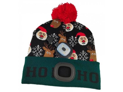 Čepice LED s bambulí, 4xSMD LED, USB, zeleno-černá, uni