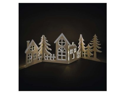 LED dekorace dřevěná - vesnička, 60 cm, 2x AA, teplá bílá, časovač