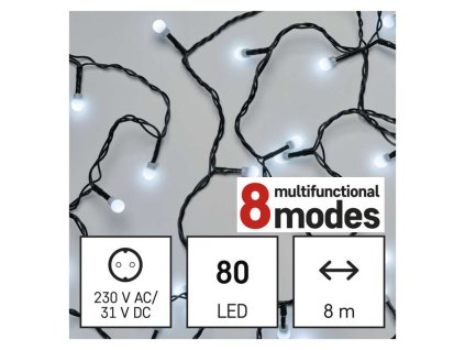 EMOS D5AC06 80LED 8m vánoční řetěz kuličky, studená 8 programů (ZY2027)