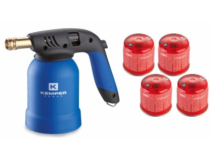 KEMPER - Opalovací hořák piezo + 4x STOPGAS plynová kartuše 360 ml (190 g)