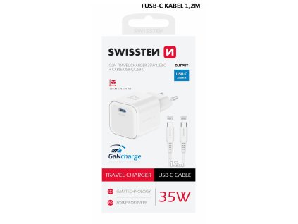 SWISSTEN mini adaptér GaN 230V 35W POWER DELIVERY 1xUSB-C + USB-C kabel 1,2m BÍLÁ