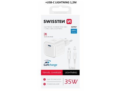SWISSTEN mini adaptér GaN 230V 35W POWER DELIVERY 1xUSB-C + Lightning kabel 1,2m BÍLÁ