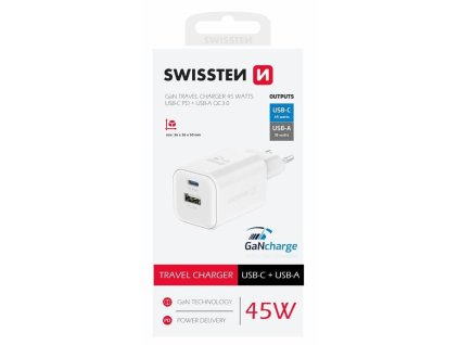 SWISSTEN mini adaptér GaN 230V 45W POWER DELIVERY 1xUSB-C + 1xUSB QC 18W BÍLÁ