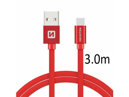 SWISSTEN kabel USB USB-C textilní 3m 3A červená