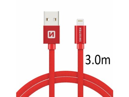 SWISSTEN kabel USB Lightning textilní 3m 3A červená