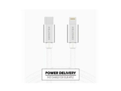 SWISSTEN kabel USB-C Lightning MFI textilní 1,2m 3A stříbrná