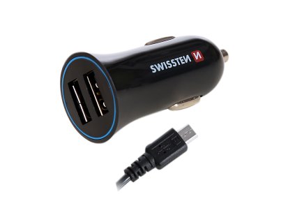 SWISSTEN nabíječ 2xUSB 12V/2,4A ČERNÁ + micro USB kabel