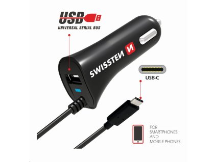 SWISSTEN nabíječ 2v1 1xUSB 1x kabel USB-C 12V/2,4A ČERNÁ