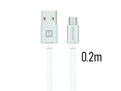 SWISSTEN kabel USB microUSB textilní 0,2m 3A stříbrná