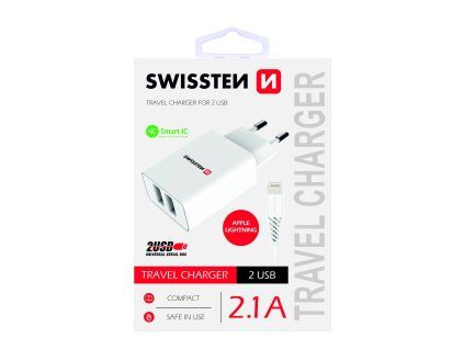 SWISSTEN adaptér 230V/2,1A 10,5W 2xUSB + lightning kabel 1,2m BÍLÁ