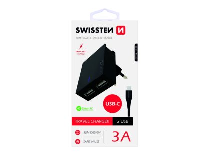 SWISSTEN adaptér 230V/3A  2xUSB + USB-C kabel 1,2m ČERNÁ