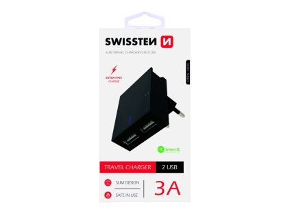 SWISSTEN adaptér 230V/3A 15W 2xUSB ČERNÁ