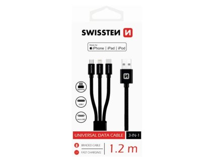 SWISSTEN kabel USB 3v1 microUSB USB-C Lightning MFI 1,2m černá