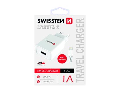 SWISSTEN adaptér 230V/1A 5W 1xUSB + lightning kabel 1,2m BÍLÁ