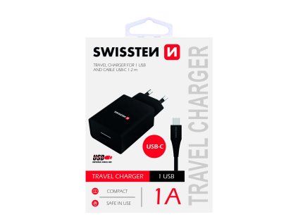 SWISSTEN adaptér 230V/1A 5W 1xUSB + USB-C kabel 1,2m ČERNÁ