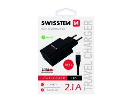 SWISSTEN adaptér 230V/2,1A 10,5W 2xUSB + USB-C kabel 1,2m ČERNÁ