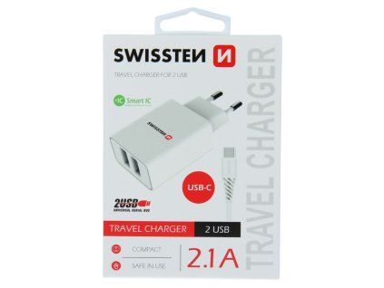 SWISSTEN adaptér 230V/2,1A 10,5W 2xUSB + USB-C kabel 1,2m BÍLÁ