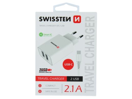 SWISSTEN adaptér 230V/2,1A 2xUSB + USB-C kabel 1,2m BÍLÁ