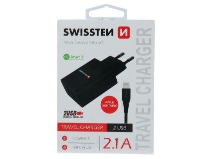 SWISSTEN adaptér 230V/2,1A 10,5W 2xUSB + lightning kabel 1,2m ČERNÁ