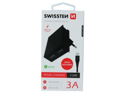 SWISSTEN adaptér 230V/3A 2xUSB + lightning kabel 1,2m ČERNÁ