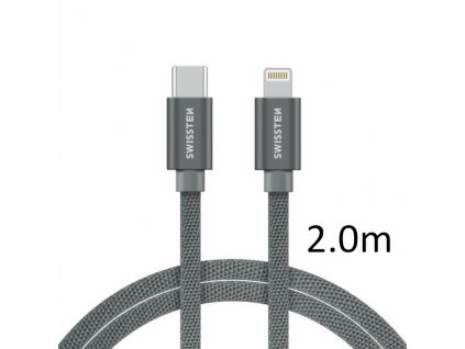 SWISSTEN kabel USB-C Lightning textilní 2m 3A stříbrná (vhodné do aut)