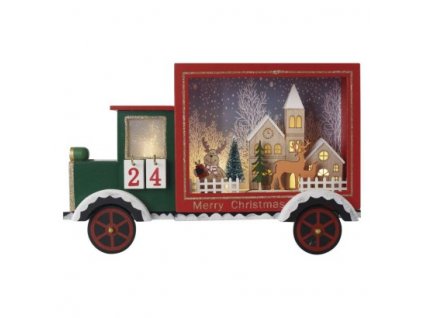 LED adventní kalendář, dřevěné auto, 20x30,5 cm, 2x AA, vnitřní, teplá bílá, časovač