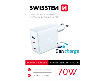 SWISSTEN adaptér GaN 230V 70W POWER DELIVERY pro iPhone 2xUSB-C + 1xUSB BÍLÁ