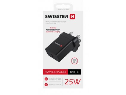 SWISSTEN adaptér 230V 25W 1xUSB-C pro iPhone Samsung do Anglie (UK) černá