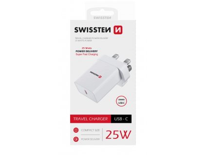SWISSTEN adaptér 230V 25W 1xUSB-C pro iPhone Samsung do Anglie (UK) bílá