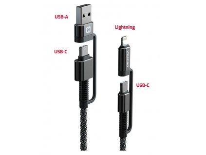 SWISSTEN kabel USB 4v1 USB-C Lightning USB-A USB-C kevlarový 1,5m 3A 60W antracitová