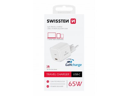 SWISSTEN mini adaptér GaN 230V 65W POWER DELIVERY pro iPhone USB-C BÍLÁ