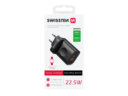 SWISSTEN adaptér 230V 22,5W POWER DELIVERY 1xUSB-C + 1xUSB QC + Apple Watch ČERNÁ